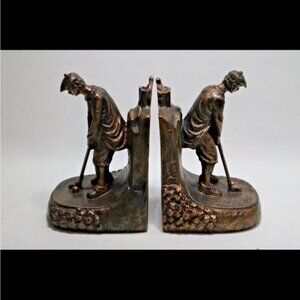Vintage Man playing Golf Brushed copper look  book ends